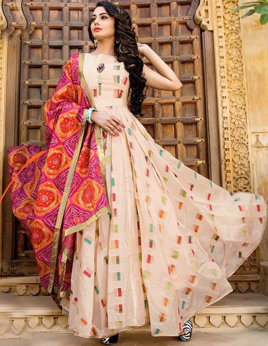 Cream tafeta silk printed gown with dupatta