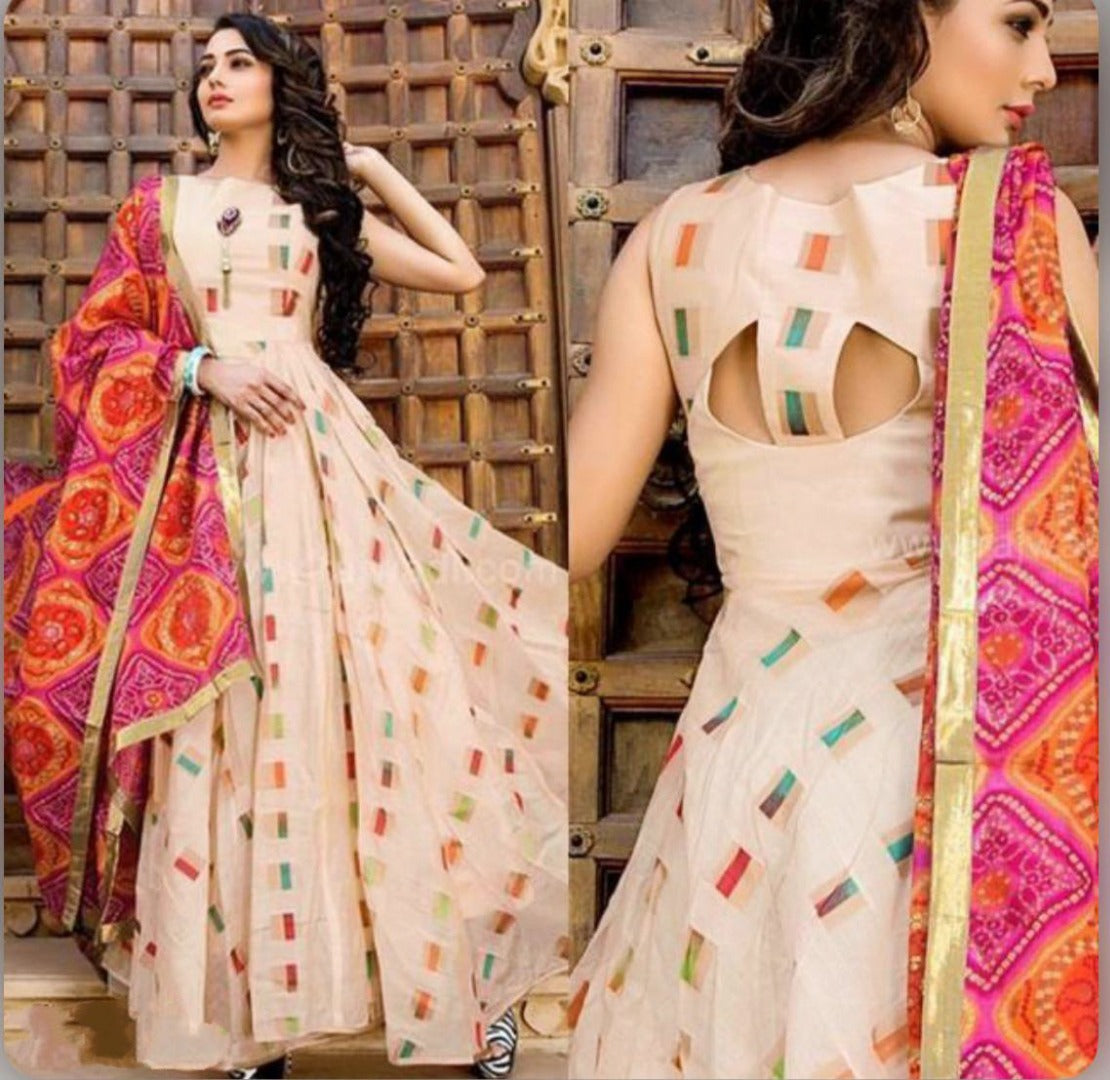 Cream tafeta silk printed gown with dupatta