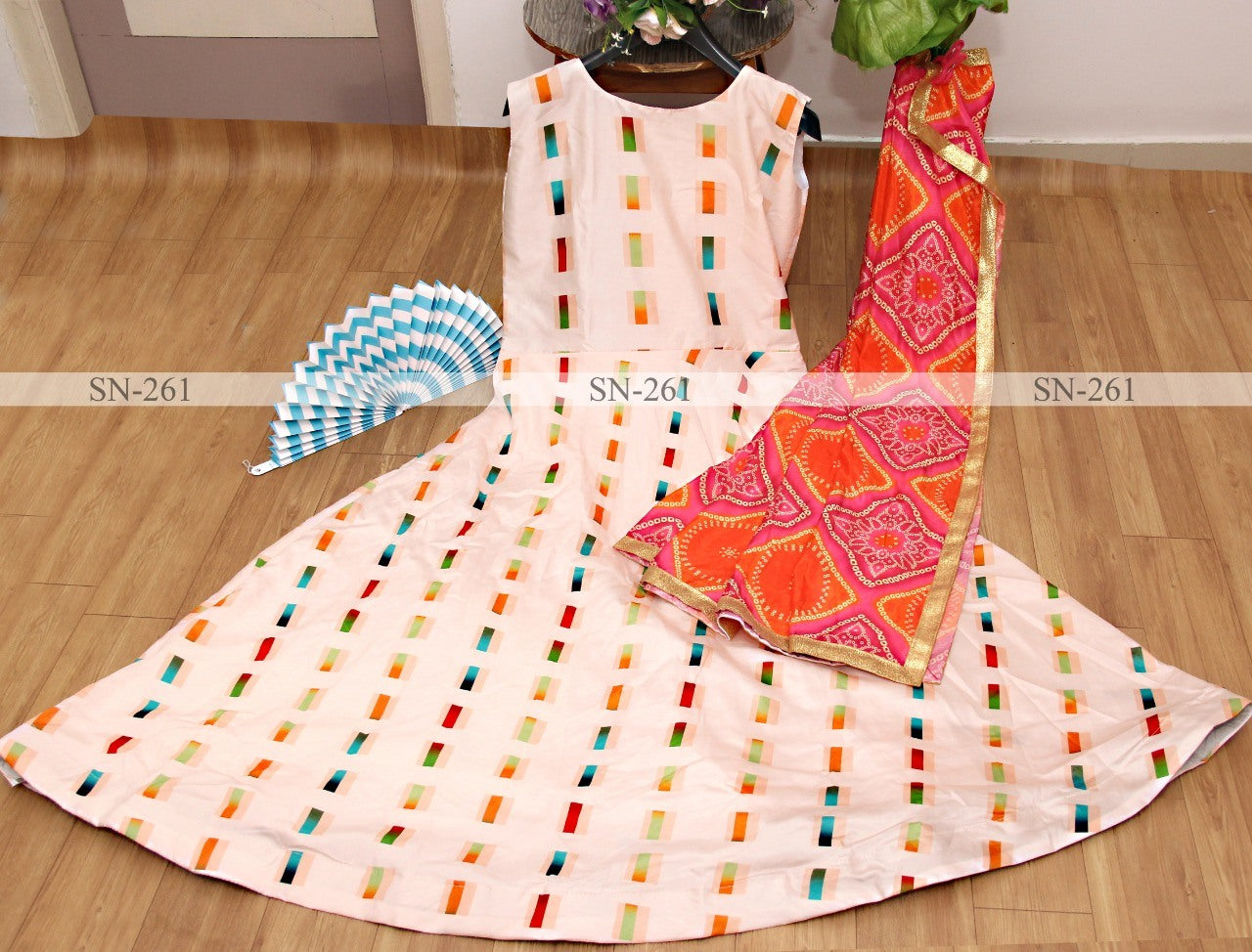 Cream tafeta silk printed gown with dupatta