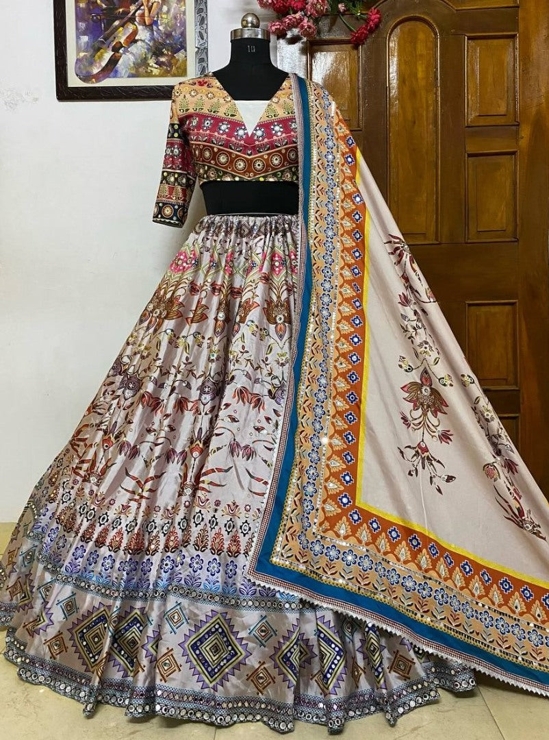 Cream taffeta silk digital print and mirror work wedding lehenga choli
