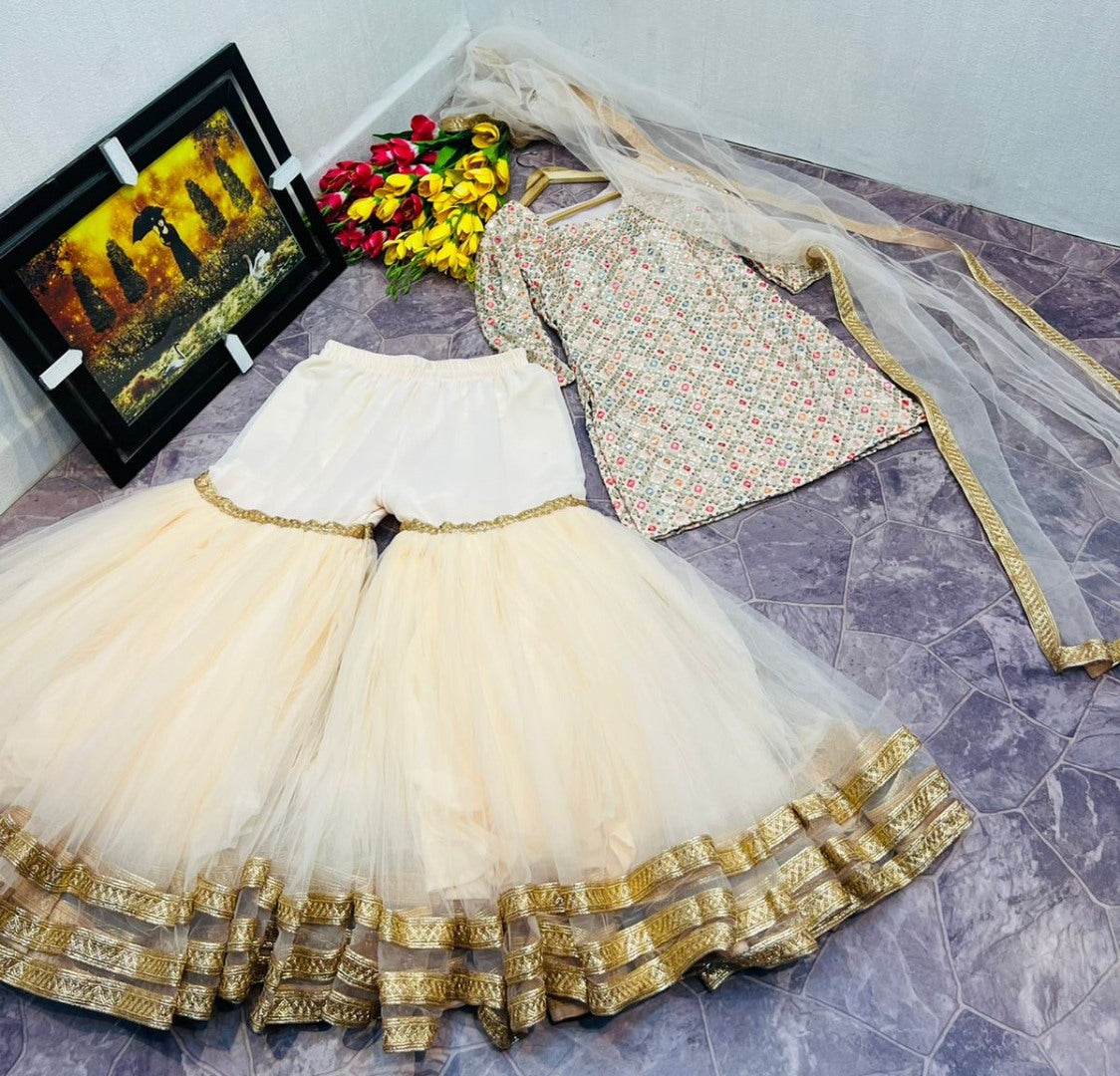 Cream thread and sequence embroidered sharara suit
