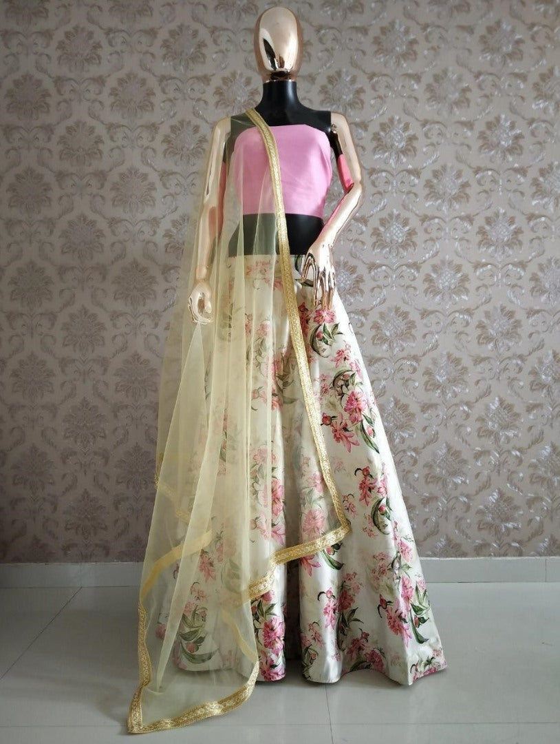 Cream zari satin floral printed lehenga choli