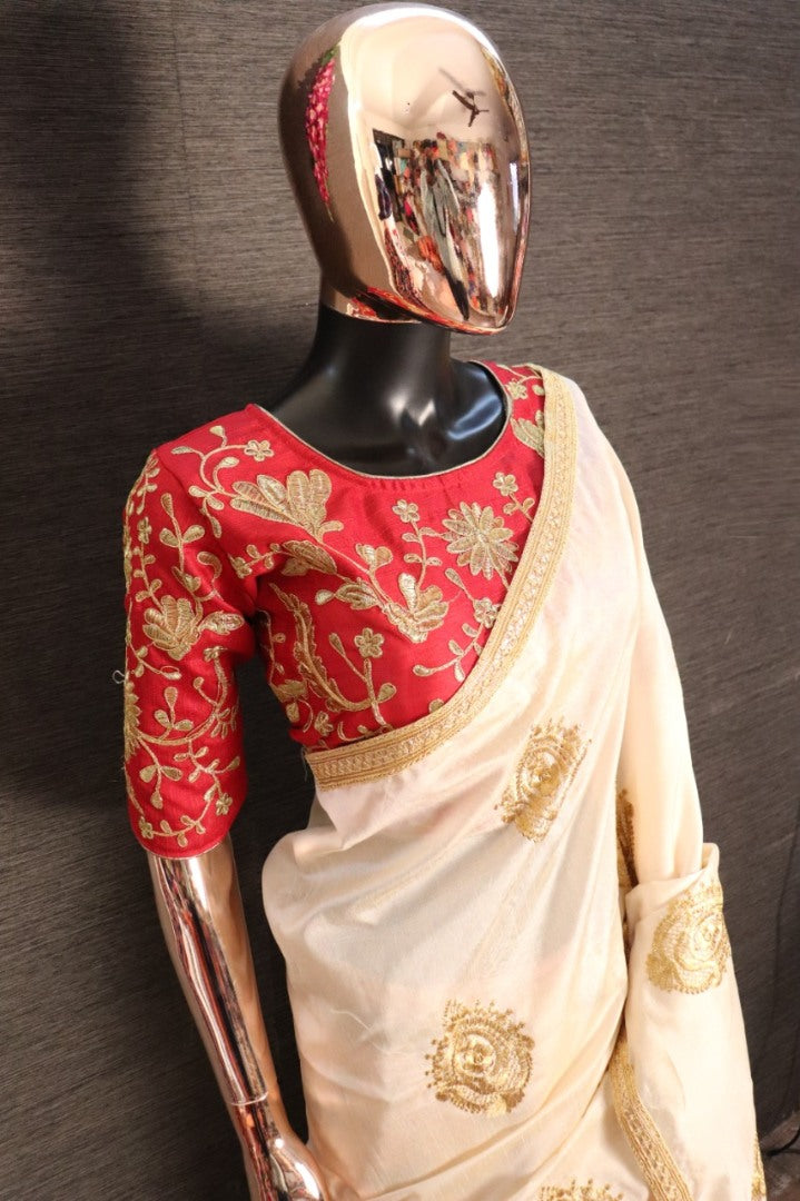 Cream zarna silk embroidered wedding wear saree