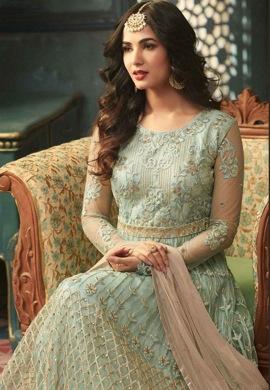 Cyan Colored Net Heavy Embroidered Semi Stitched anarkali Suit