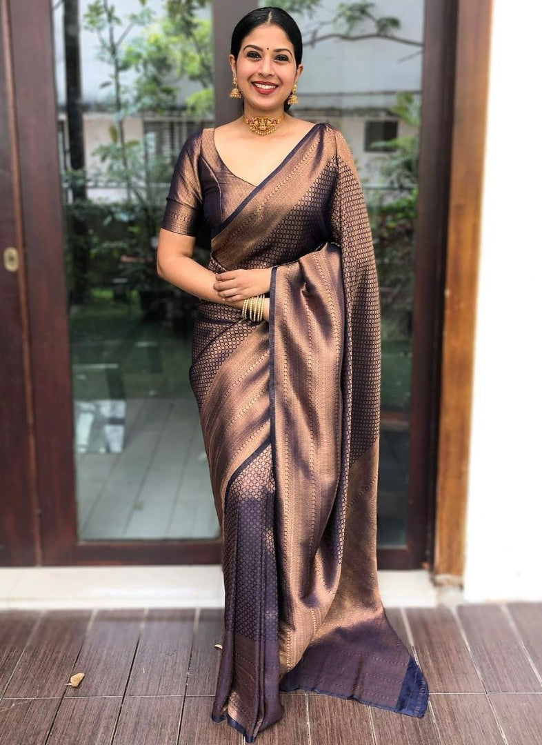 Dark blue copper jacquard weaving banarasi silk saree for wedding
