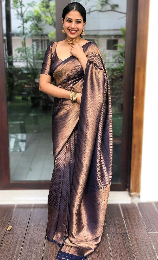 Dark blue copper jacquard weaving banarasi silk saree for wedding