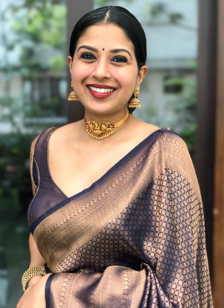 Dark blue copper jacquard weaving banarasi silk saree for wedding