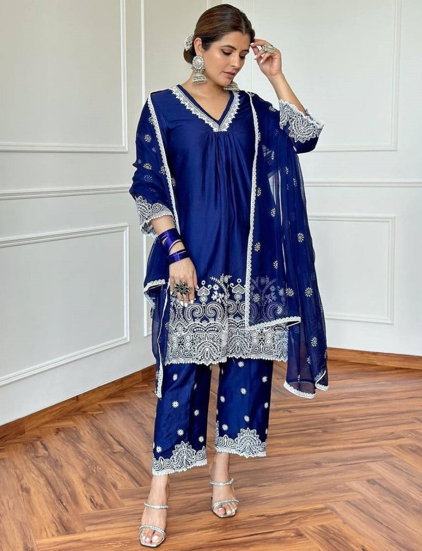 Dark blue georgette embroidery work plazzo suit