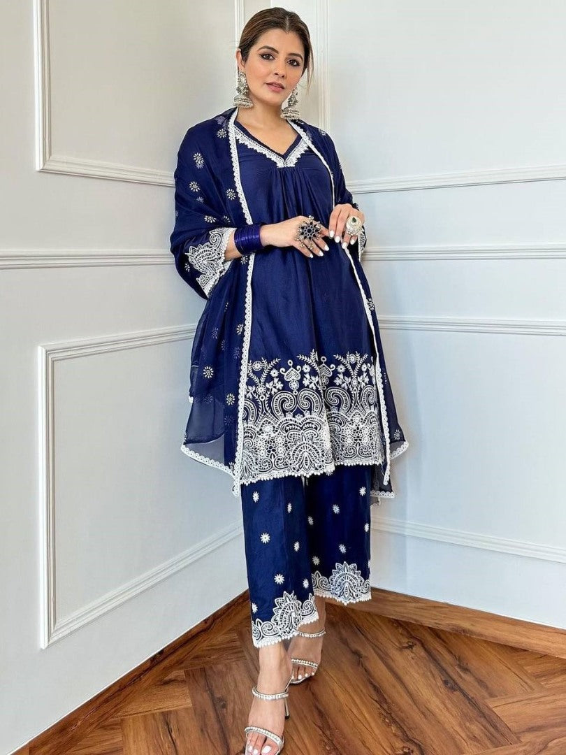 Dark blue georgette embroidery work plazzo suit