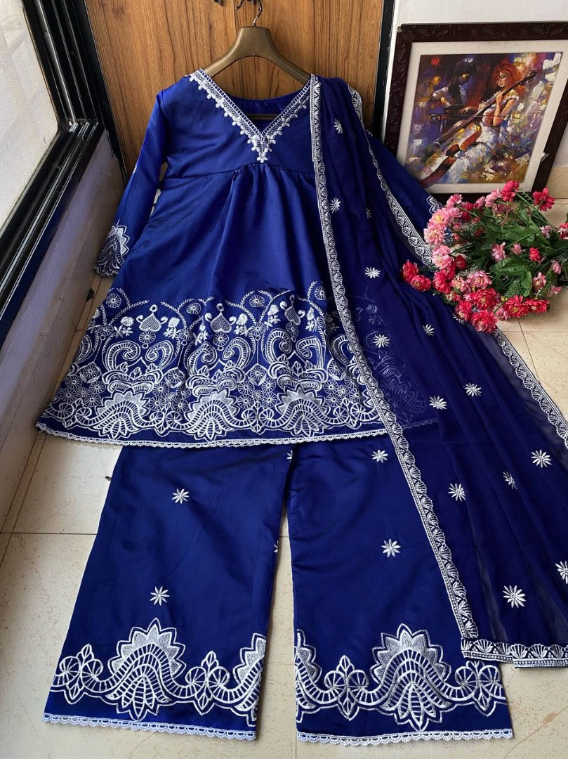 Dark blue georgette embroidery work plazzo suit