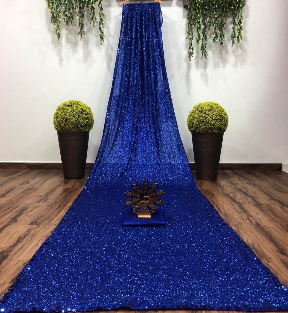Dark blue georgette heavy sequence work party wear saree