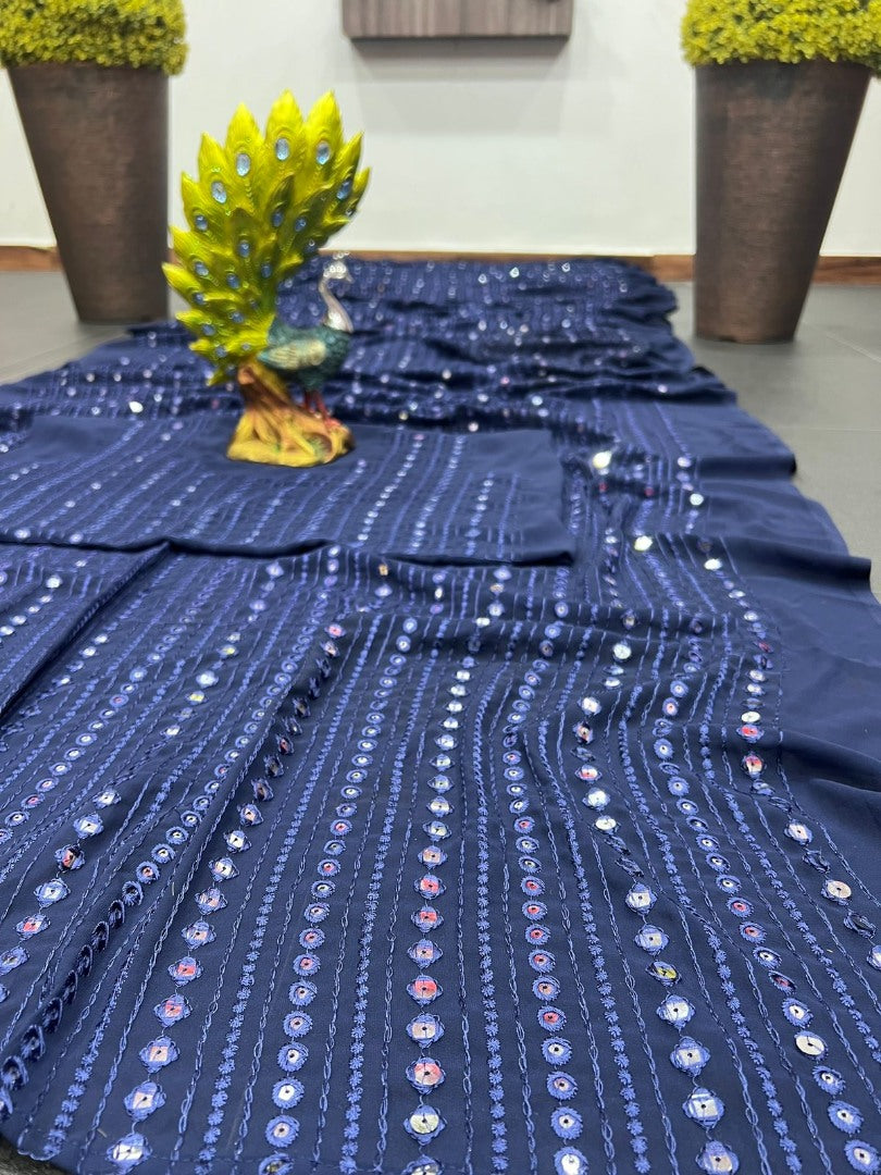 Dark blue georgette thread and sequence work party wear saree