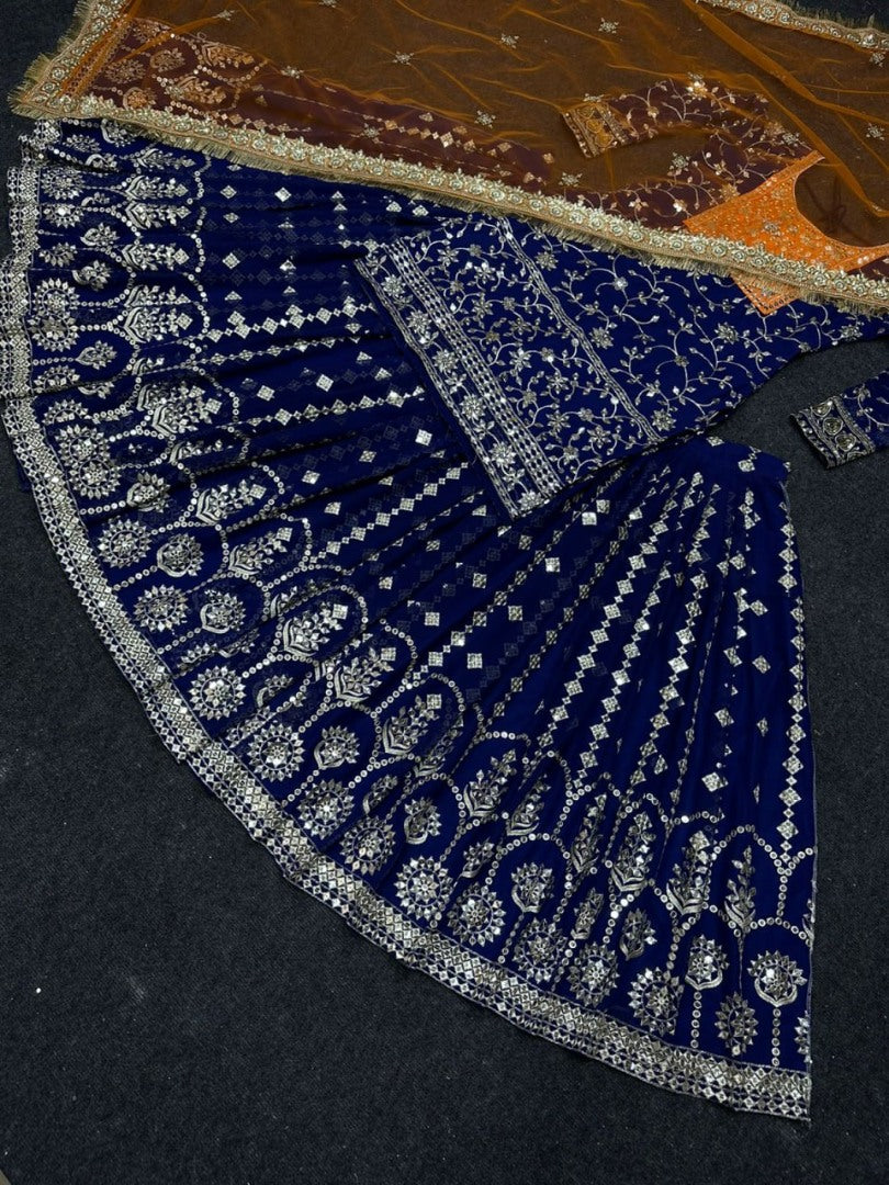 Dark blue heavy embroidery work designer wedding lehenga suit