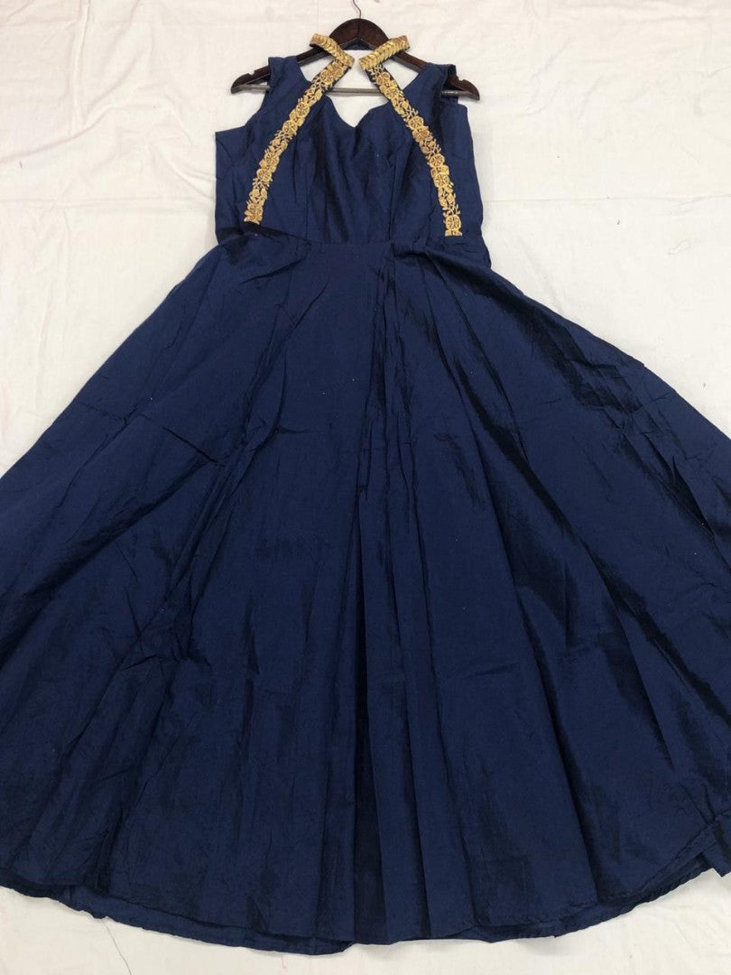 Dark blue tafeta silk plain partywear gown