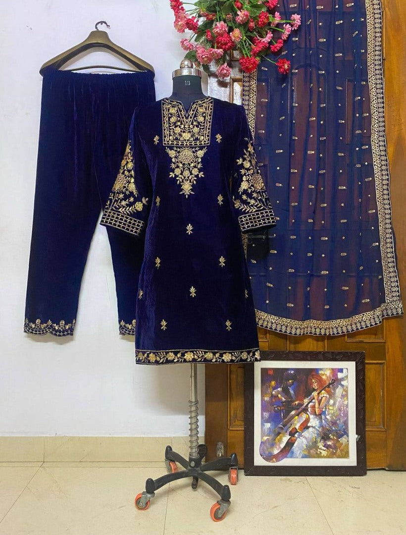 Dark blue velvet embroidered plazzo suit
