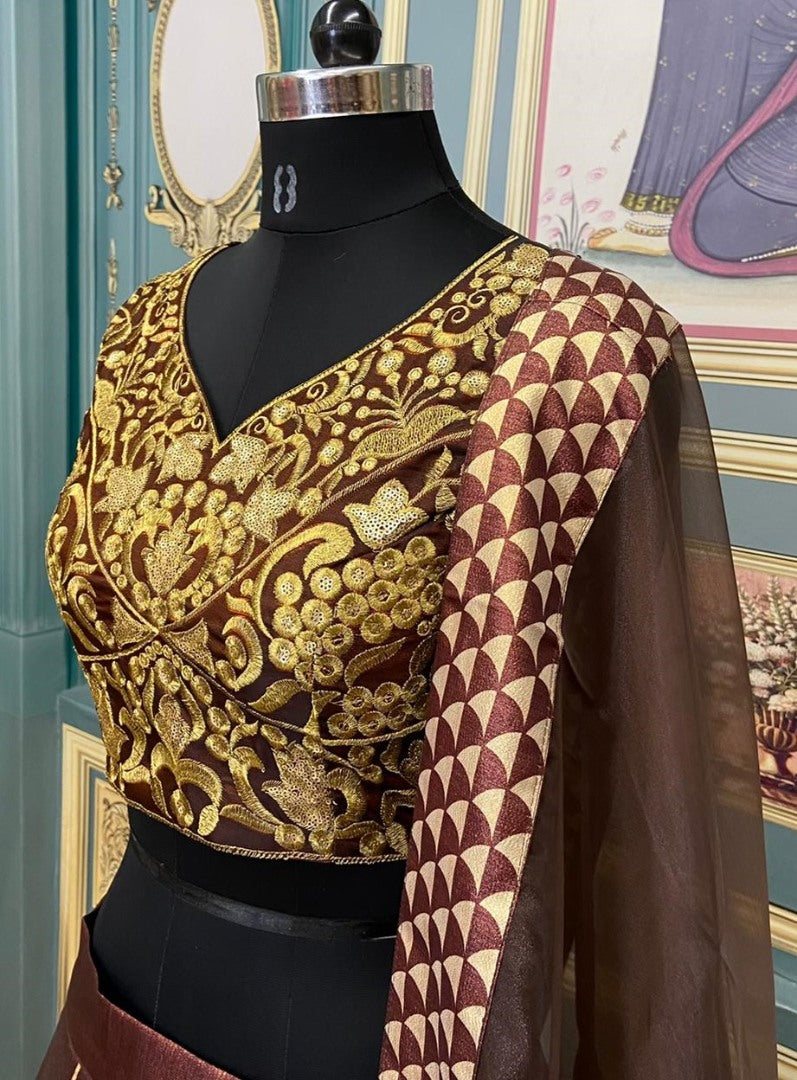 Dark brown gotta satin digital printed wedding lehenga choli