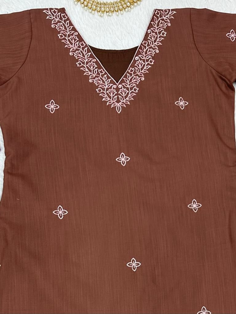 Dark brown muslin cotton thread work pant salwar suit