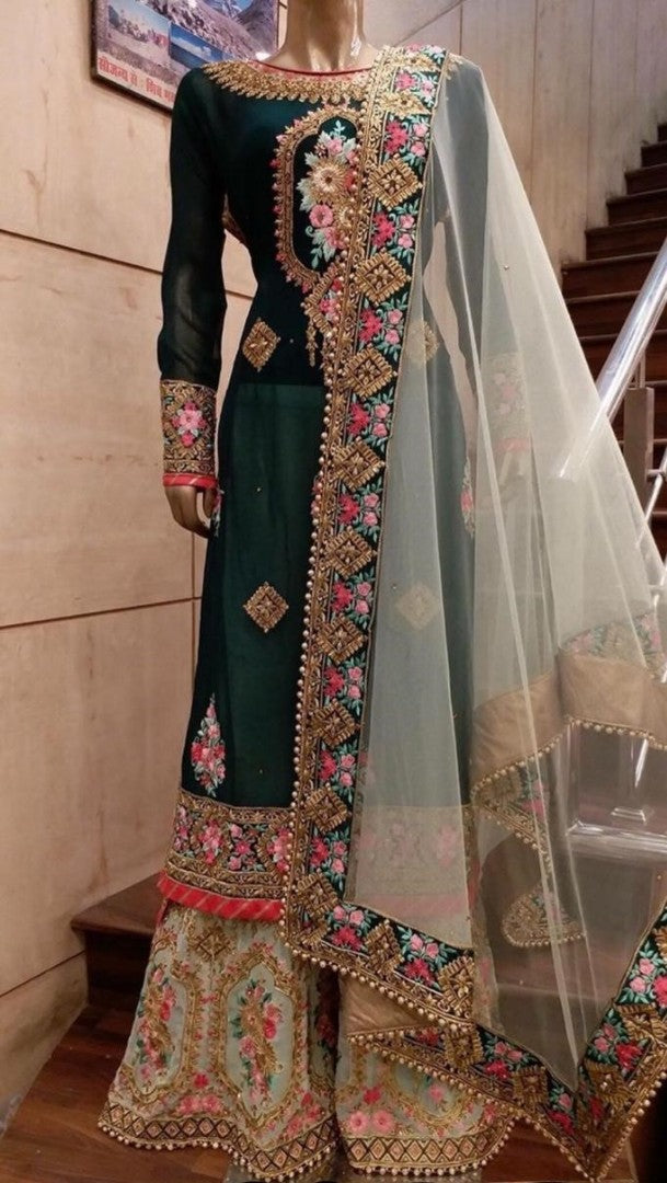 dark green and sea green embroidered plazzo suit