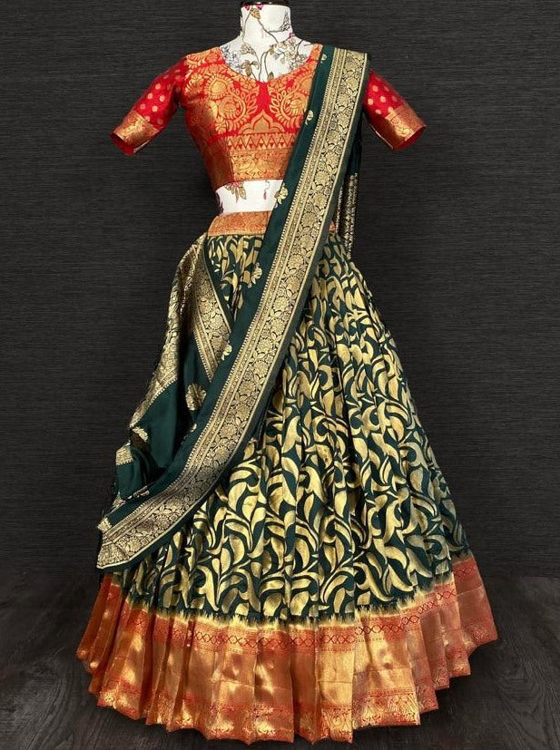 Dark green banarasi silk jacquard weaving work ceremonial lehenga choli