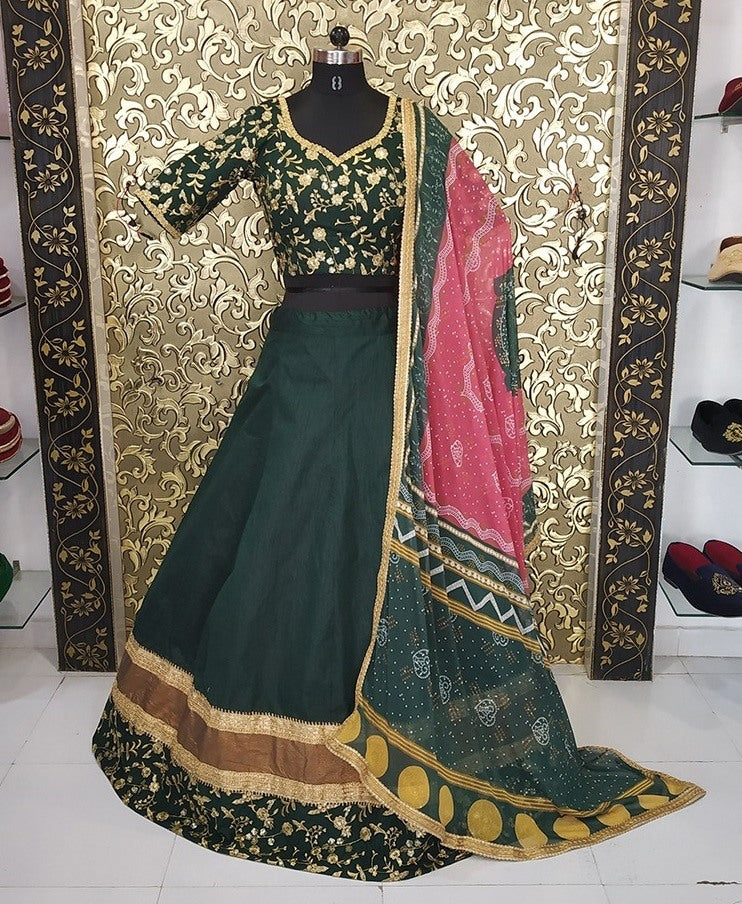 Dark green banglory silk wedding lehenga choli with bandhni dupatta