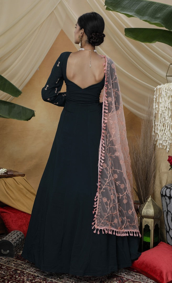 Dark green diamond georgette anarkali gown