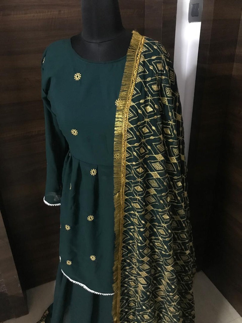 Dark green georgette embroidered designer lehenga with long top