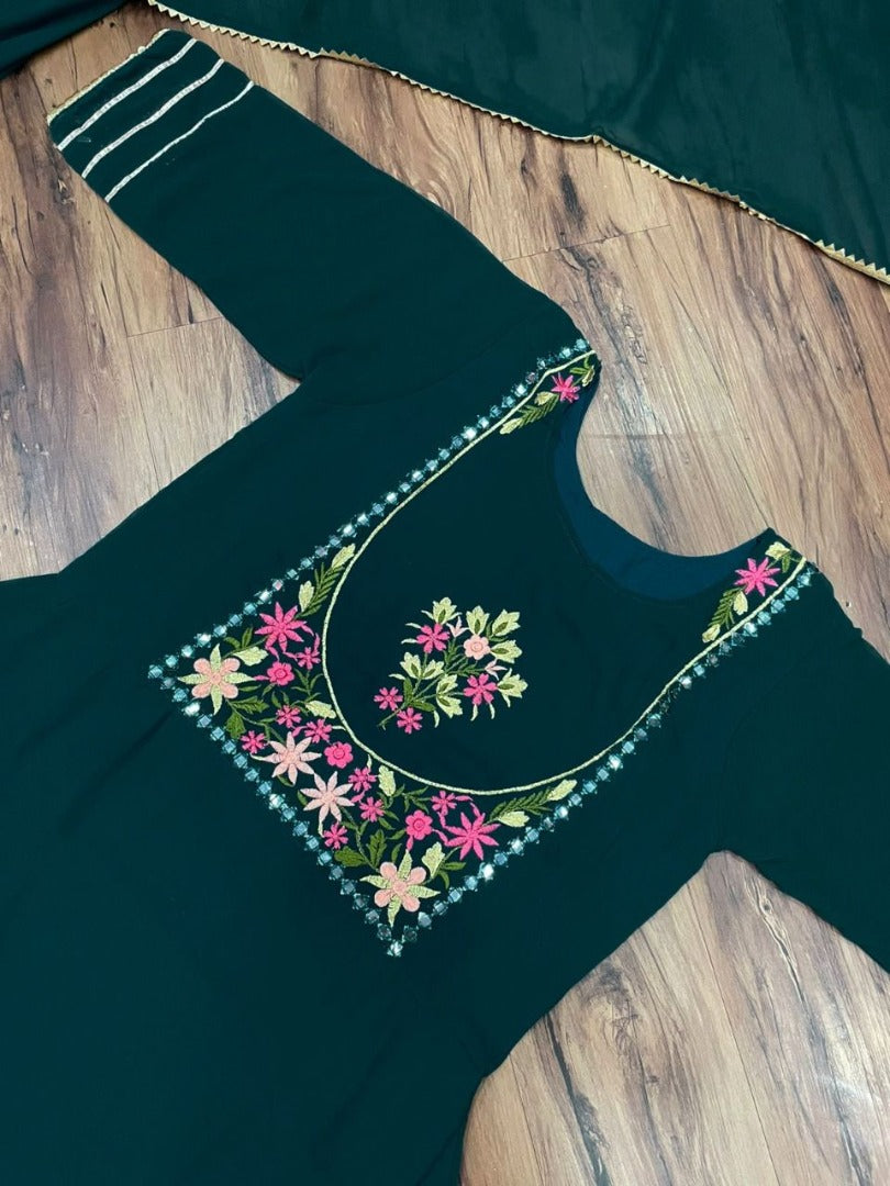 Dark green georgette embroidered lehenga suit