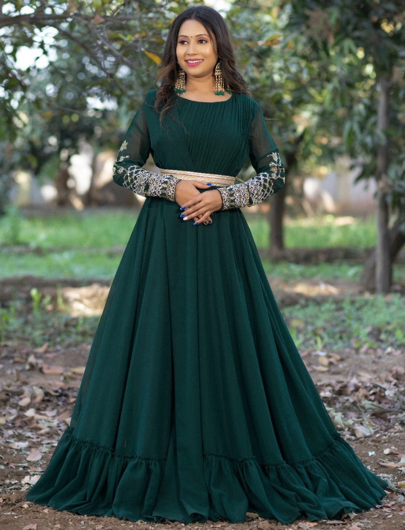 Dark green georgette embroidered party wear gown