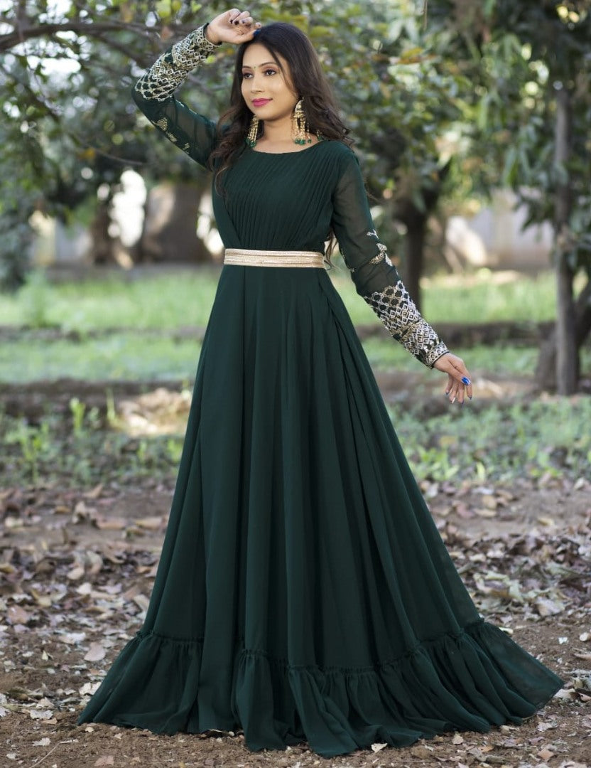 Dark green georgette embroidered party wear gown