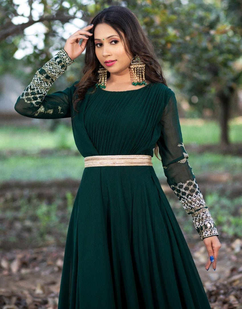 Dark green georgette embroidered party wear gown