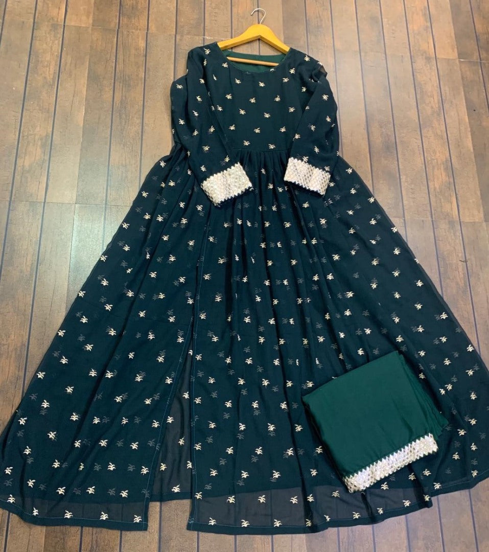 Dark green georgette embroidered salwar suit