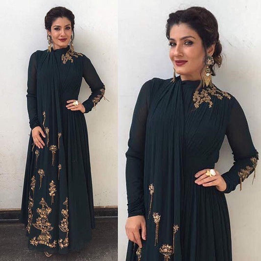 Dark green georgette embroidery work indowestern gown