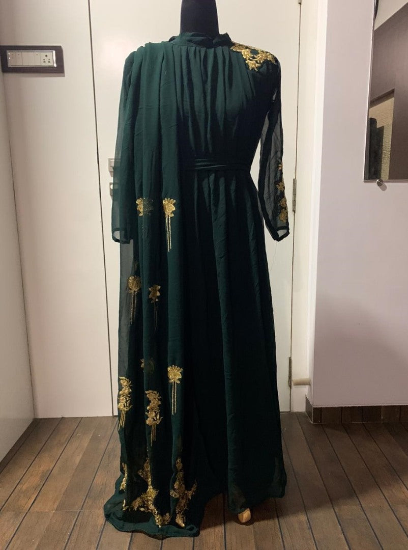 Dark green georgette embroidery work indowestern gown
