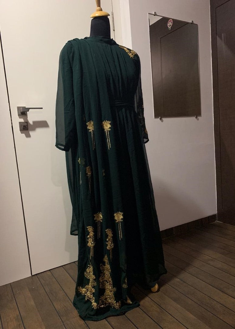 Dark green georgette embroidery work indowestern gown
