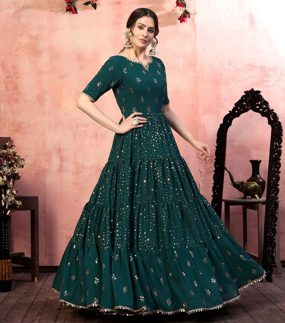 Dark green georgette golden sequence work party wear gown