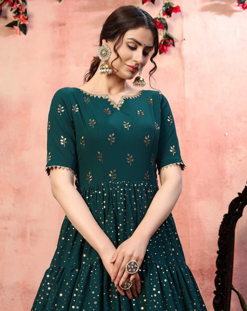 Dark green georgette golden sequence work party wear gown