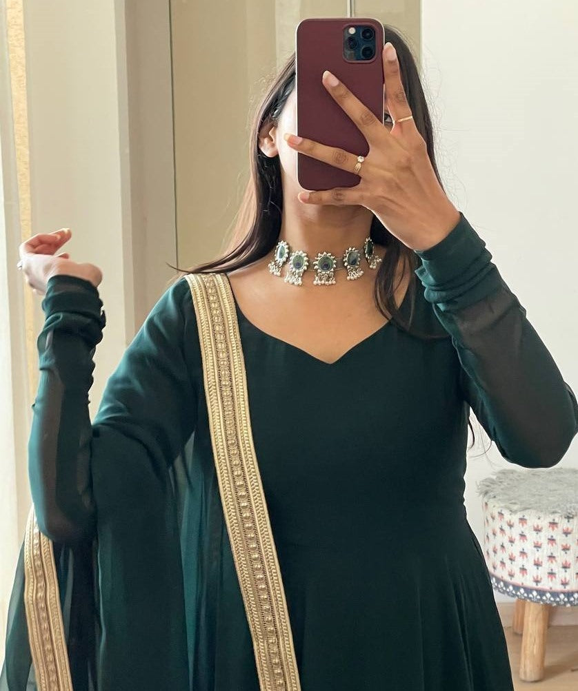 Dark green georgette long party wear anarkali ethnic gown