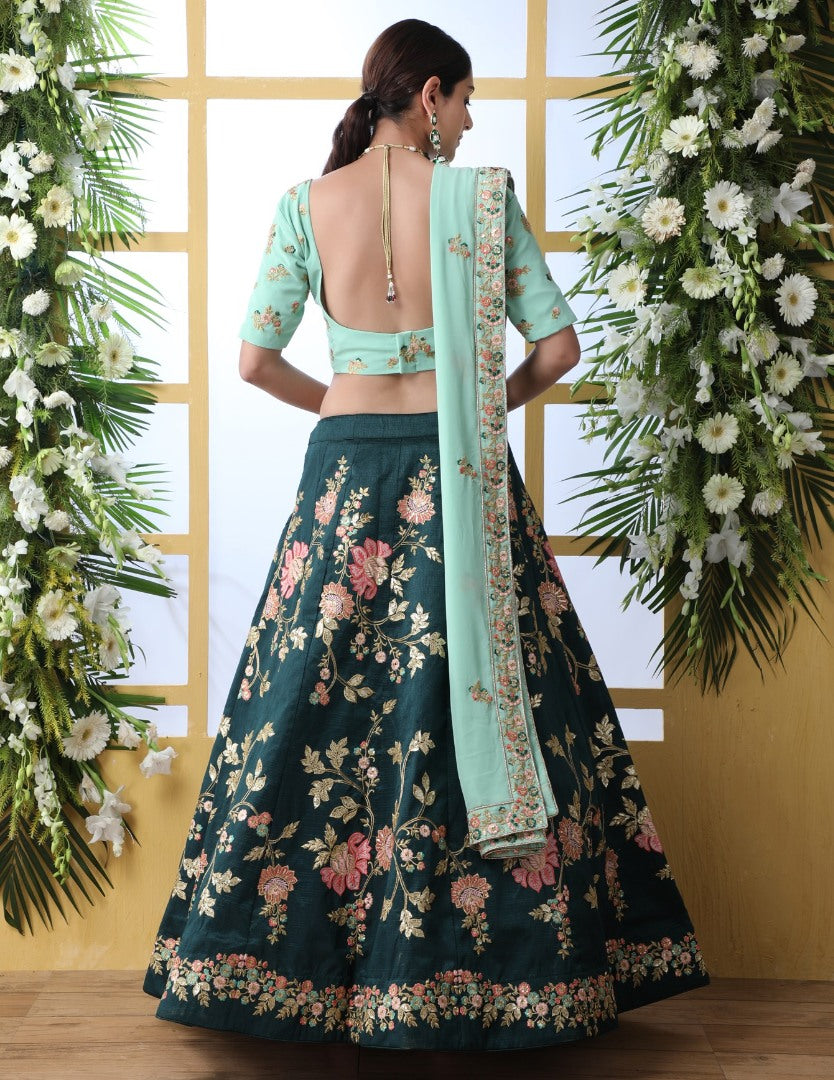 Dark green georgette thread embroidered bridal lehenga choli