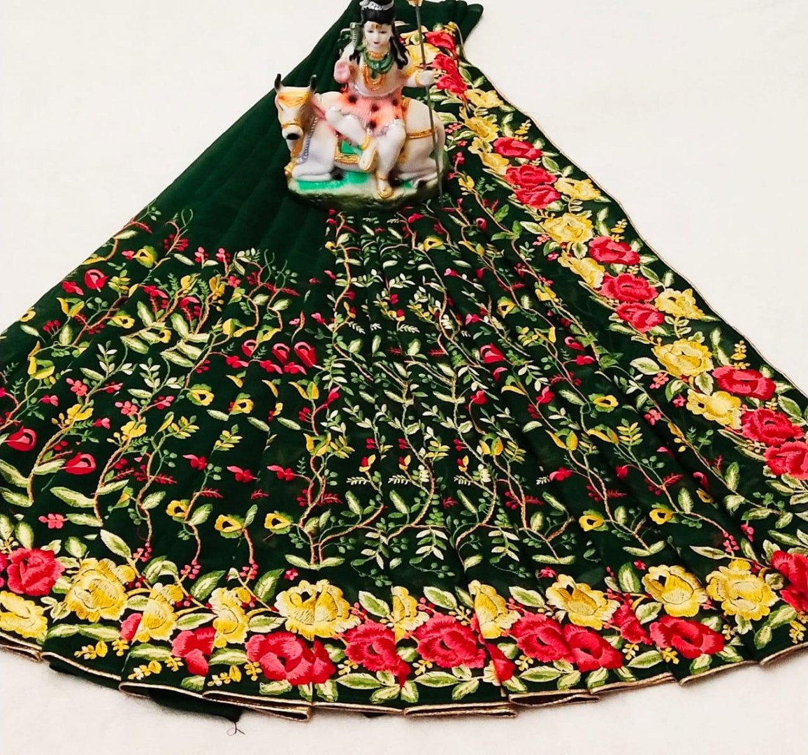 Dark green heavy multi color threadwork ceremonial saree