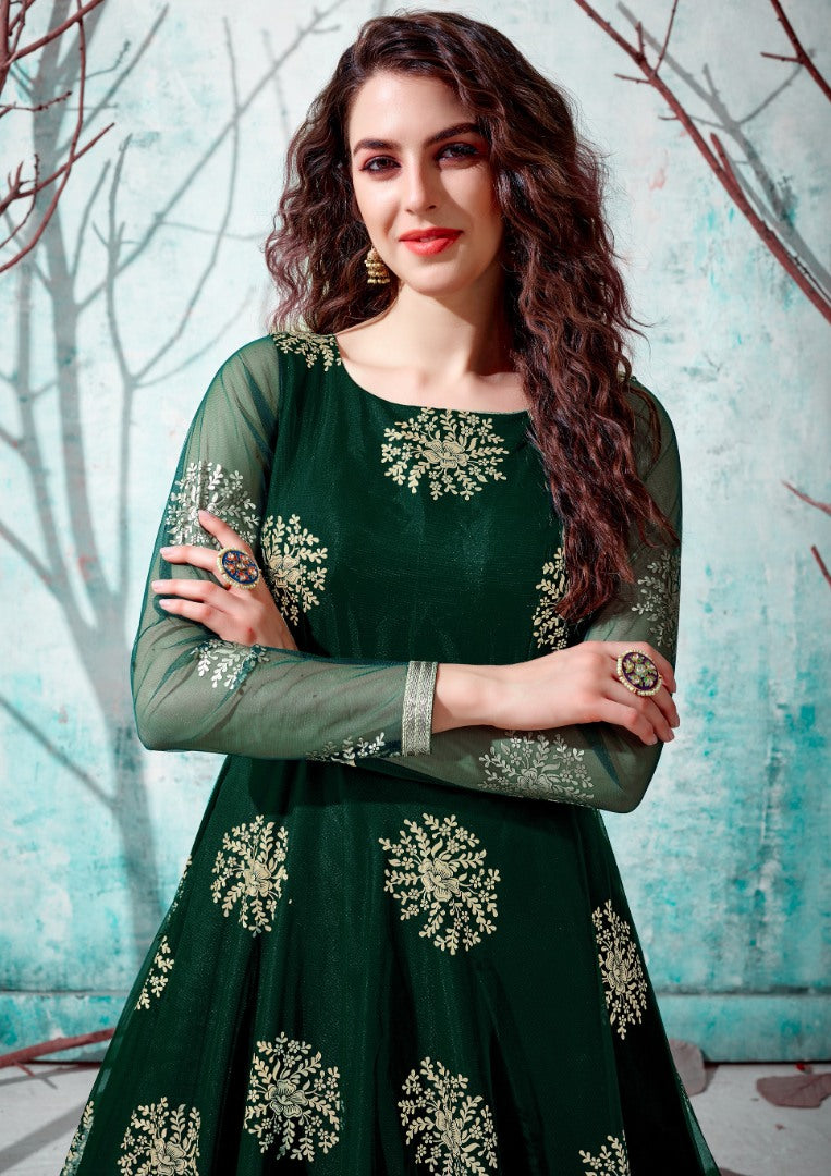 Dark green net metallic foil work party wear designer gown
