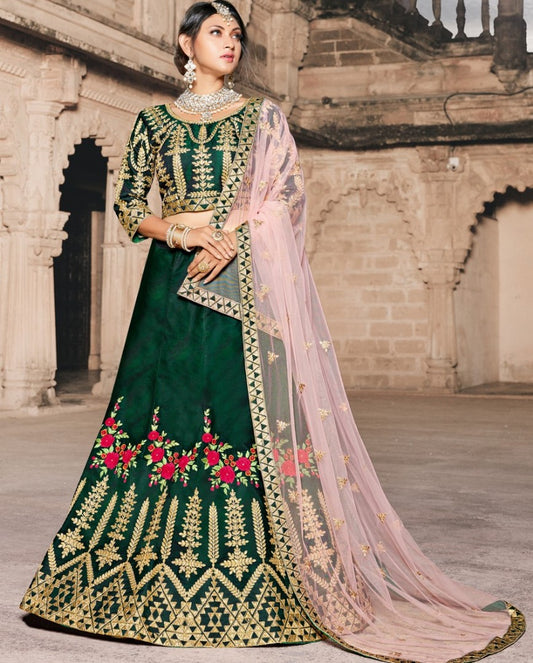 Dark green pure tapeta silk heavy embroidered wedding lehenga