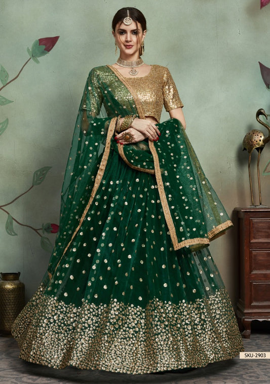Dark green soft net sequence worked lehenga choli