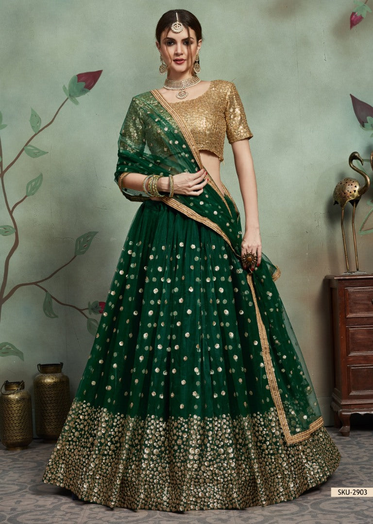 Dark green soft net sequence worked lehenga choli