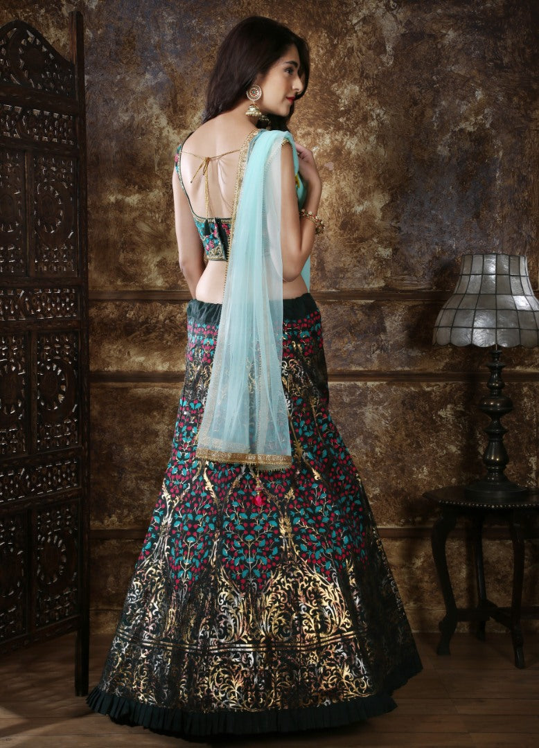 Dark green thai silk metallic foil work bridal lehenga choli