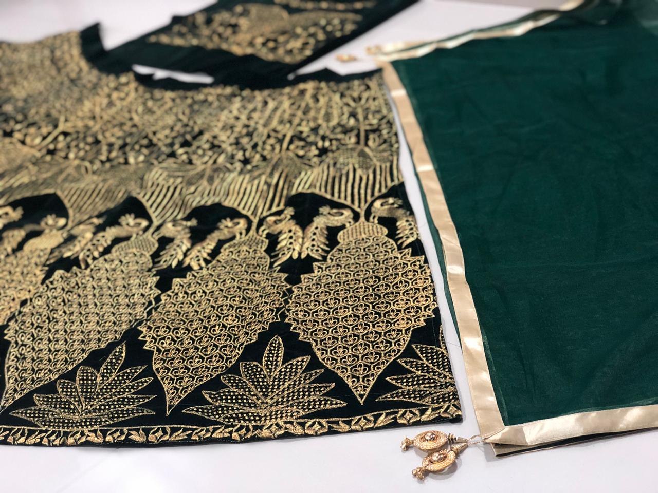 Dark green velvet heavy embroidered wedding lehenga choli