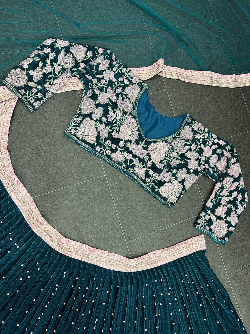 Dark green vevlet embroidery worked wedding lehenga choli