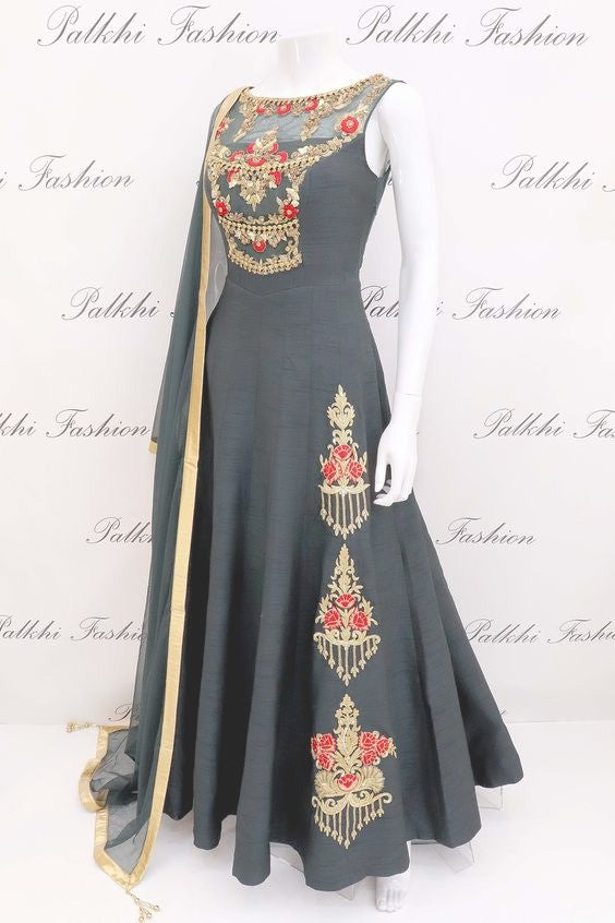 Dark grey fusing covered banglori silk embroidered stylist gown