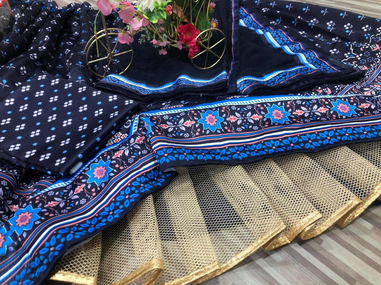 Dark navy blue malai silk digital printed lehenga choli