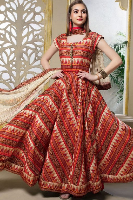 Dark orange maslin cotton printed gown