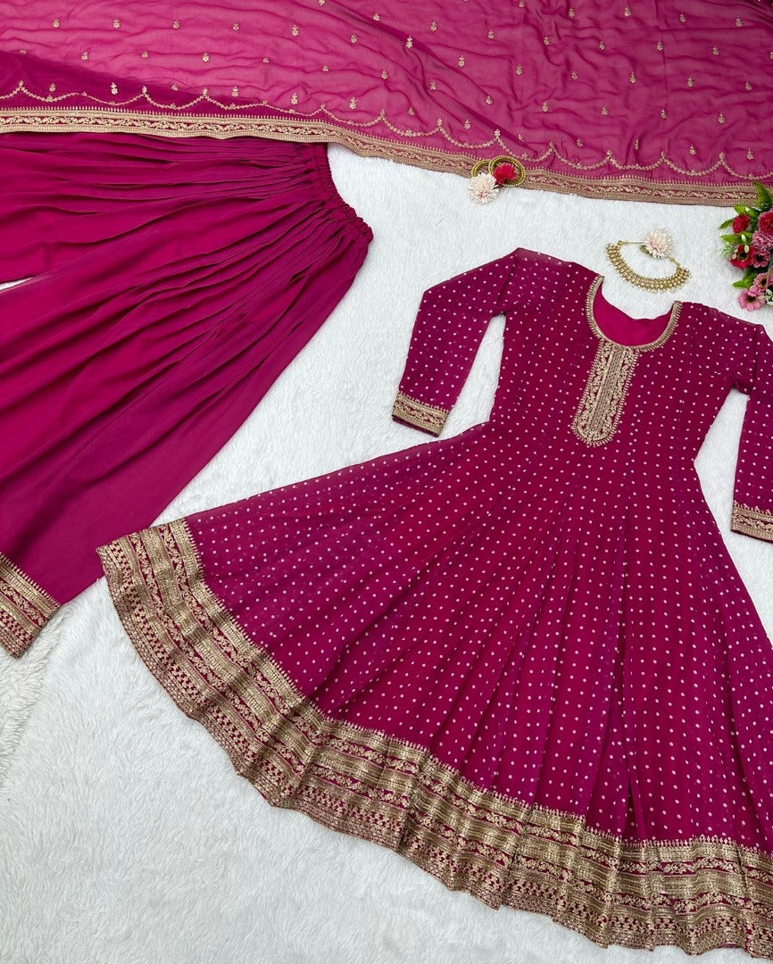 Dark pink georgette sequence coding work palazzo suit